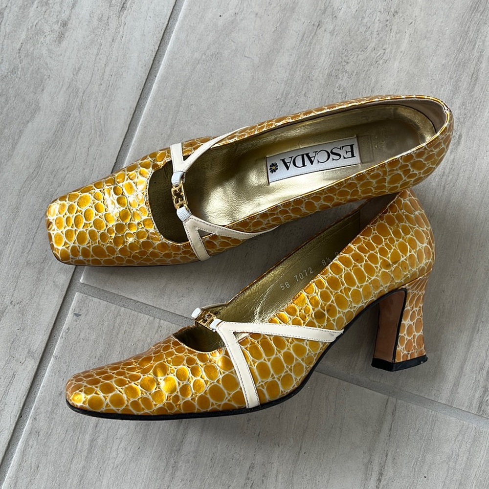 Escada Yellow Croc-Embossed Mary Jane Heels with Cream Trim